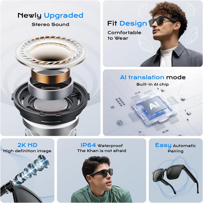 Smart Ai Glasses- Bluetooth Headset Glasses–Wireless Audio Sunglasses (Camera,Calls & Music)