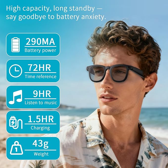 Smart Ai Glasses- Bluetooth Headset Glasses–Wireless Audio Sunglasses (Camera,Calls & Music)