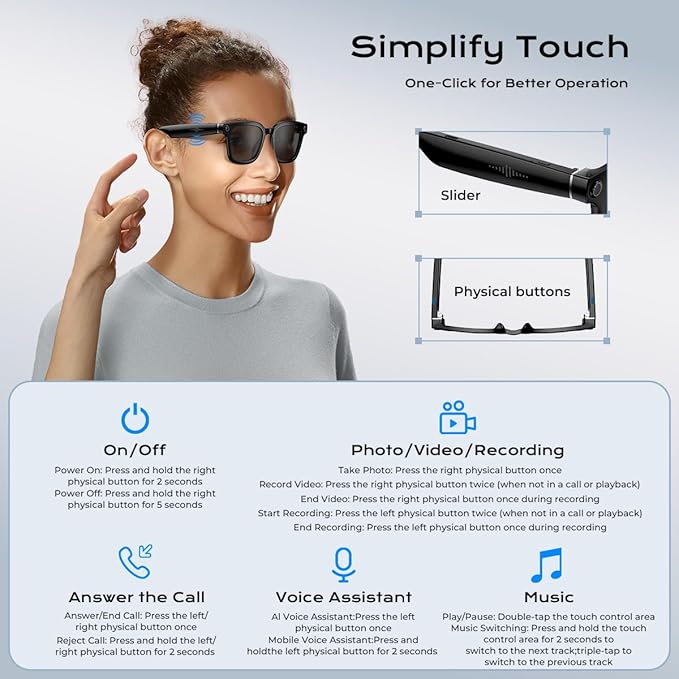 Smart Ai Glasses- Bluetooth Headset Glasses–Wireless Audio Sunglasses (Camera,Calls & Music)