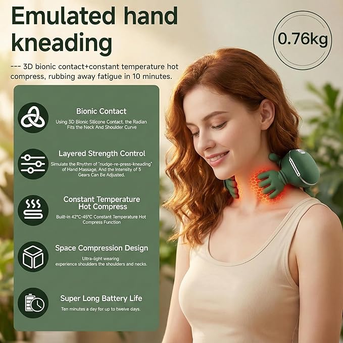 Portable Neck and Shoulder Massager with Soothing Heat, 4D Deep-Kneading Rechargeable Massage Device for Back and Body Use at Home, Office or On the Go!